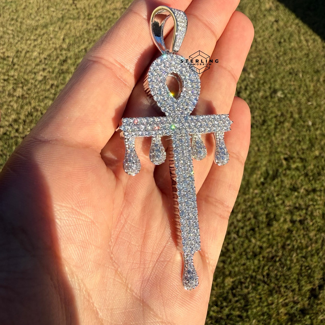 XL Ankh Drip 14k White Gold Plated CZ Iced Pendant + Steel Rope Chain