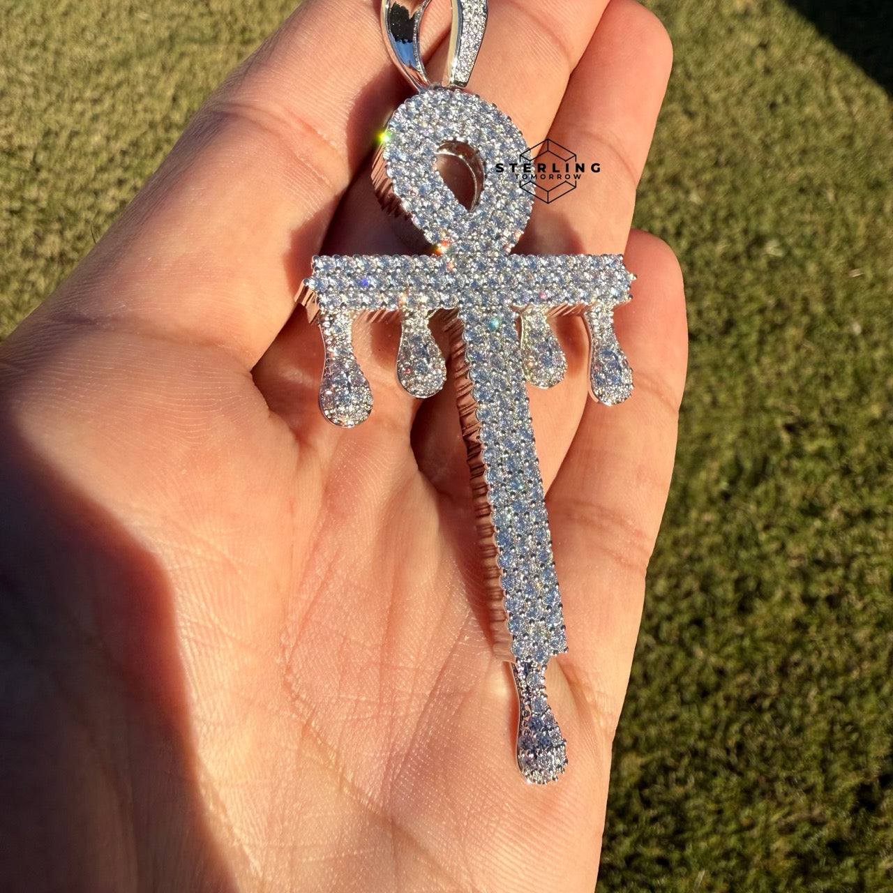 XL Ankh Drip 14k White Gold Plated CZ Iced Pendant + Steel Rope Chain