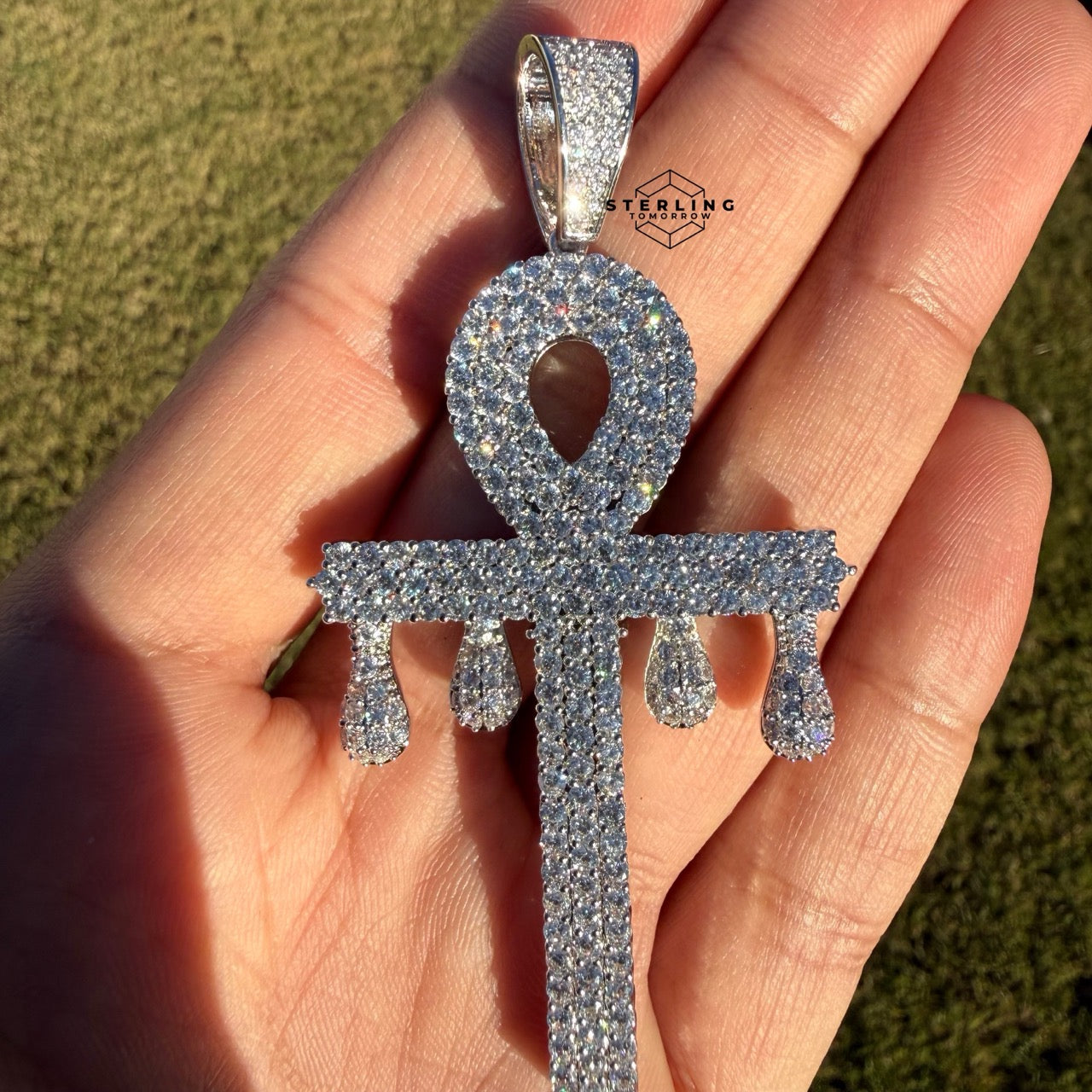 XL Ankh Drip 14k White Gold Plated CZ Iced Pendant + Steel Rope Chain