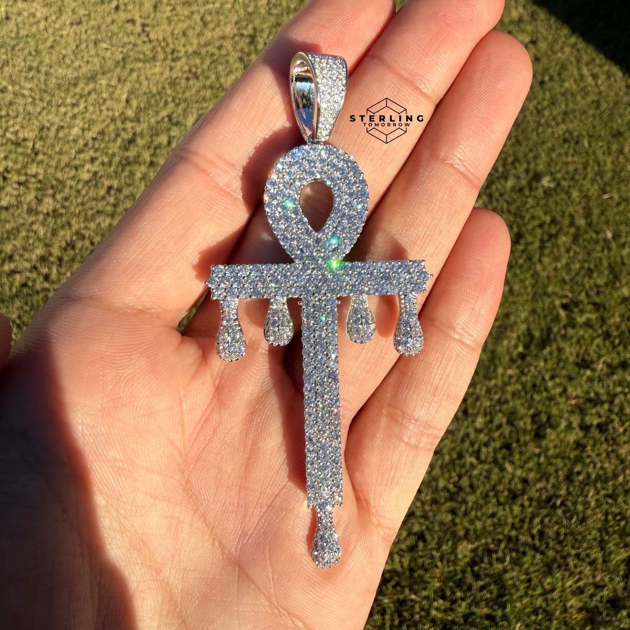 XL Ankh Drip 14k White Gold Plated CZ Iced Pendant + Steel Rope Chain