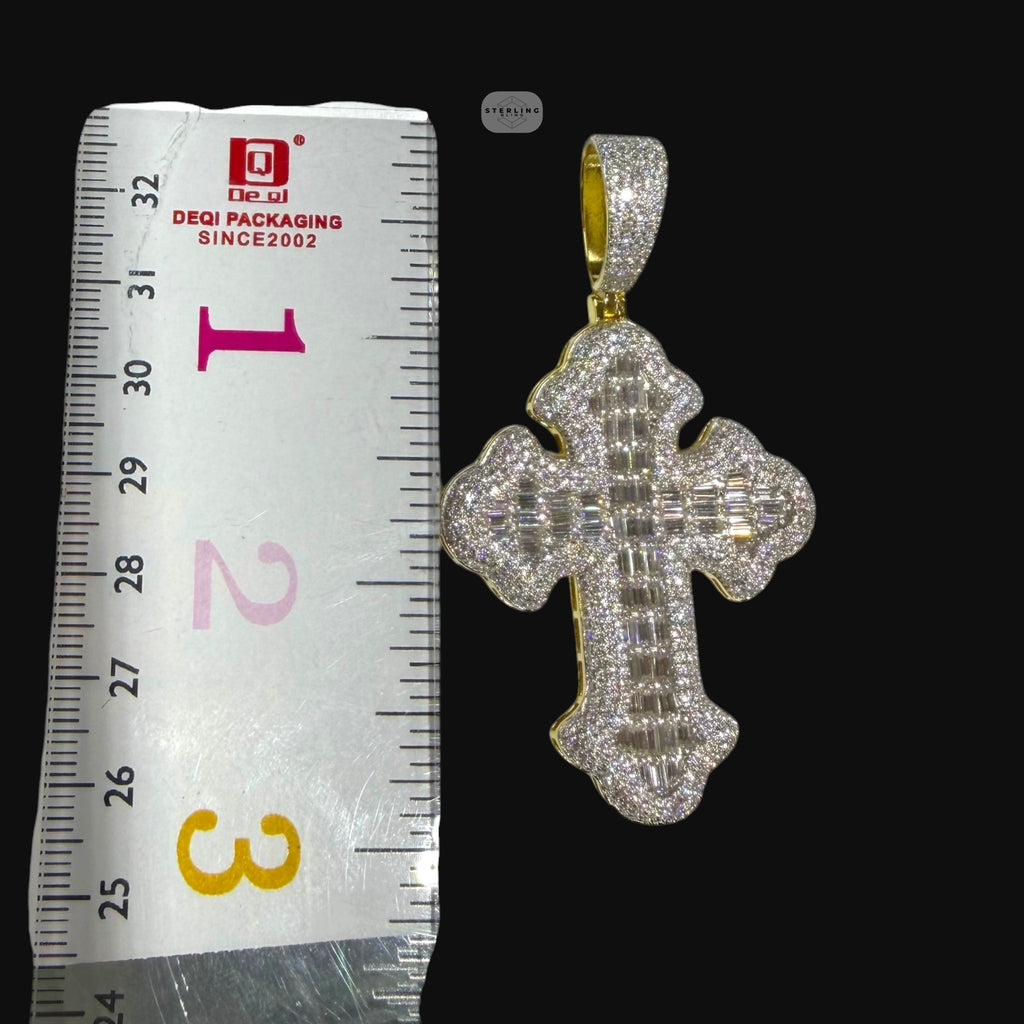 Moissanite Gold Baguette Cross Pendant, 925 Silver Iced Out Hip Hop Necklace, GRA Certified w 24" Chain