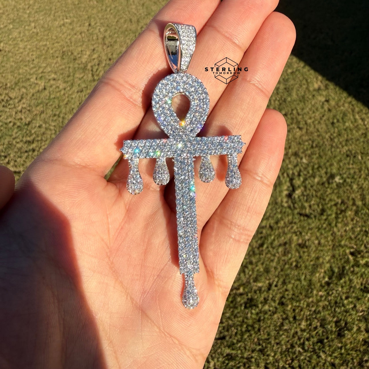 XL Ankh Drip 14k White Gold Plated CZ Iced Pendant + Steel Rope Chain