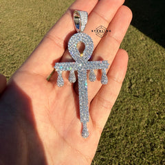 XL Ankh Drip 14k White Gold Plated CZ Iced Pendant + Steel Rope Chain