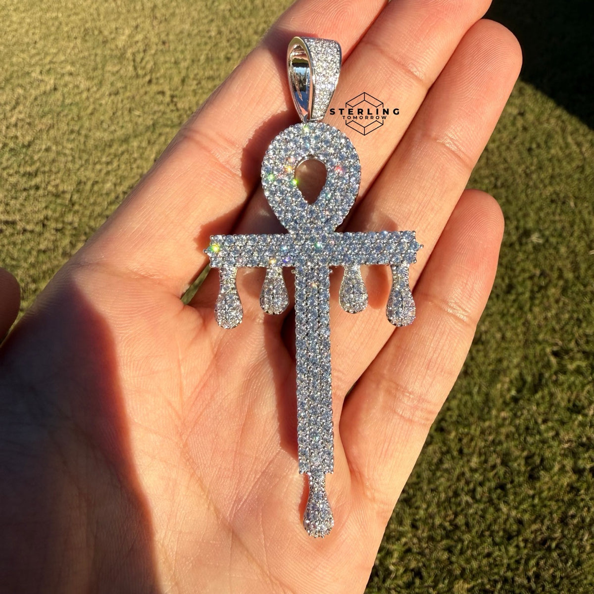 XL Ankh Drip 14k White Gold Plated CZ Iced Pendant + Steel Rope Chain