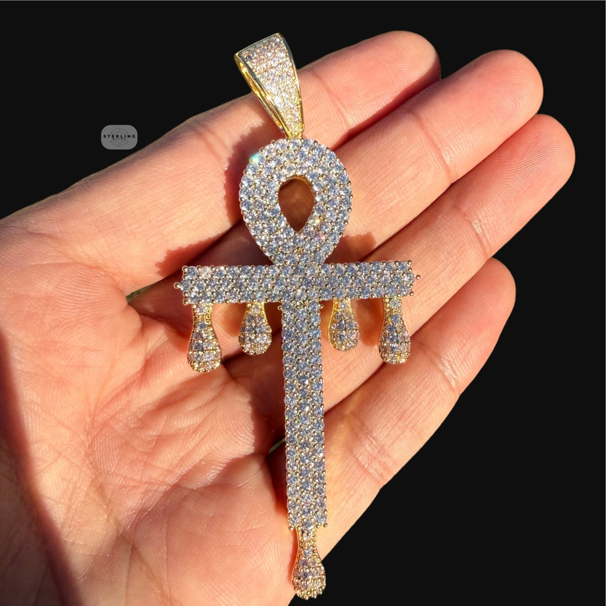 Big Iced Out Ankh Drip Pendant | 14K Gold Plated Egyptian Cross Necklace, Hip Hop CZ Pendant with Free Rope Chain