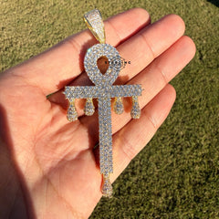 XL Ankh Drip 14k Gold Plated CZ Iced Large Pendant + Steel Rope Chain
