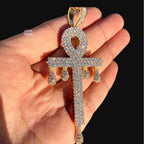 Big Iced Out Ankh Drip Pendant | 14K Gold Plated Egyptian Cross Necklace, Hip Hop CZ Pendant with Free Rope Chain