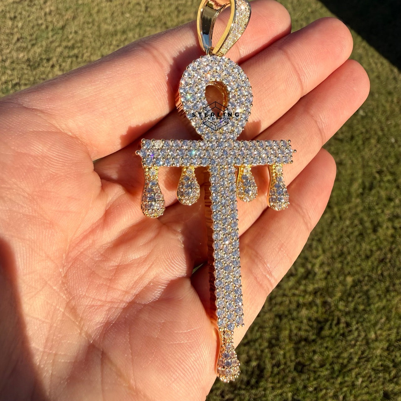 XL Ankh Drip 14k Gold Plated CZ Iced Large Pendant + Steel Rope Chain