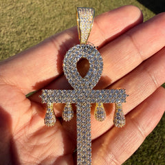 XL Ankh Drip 14k Gold Plated CZ Iced Large Pendant + Steel Rope Chain