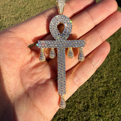 XL Ankh Drip 14k Gold Plated CZ Iced Large Pendant + Steel Rope Chain