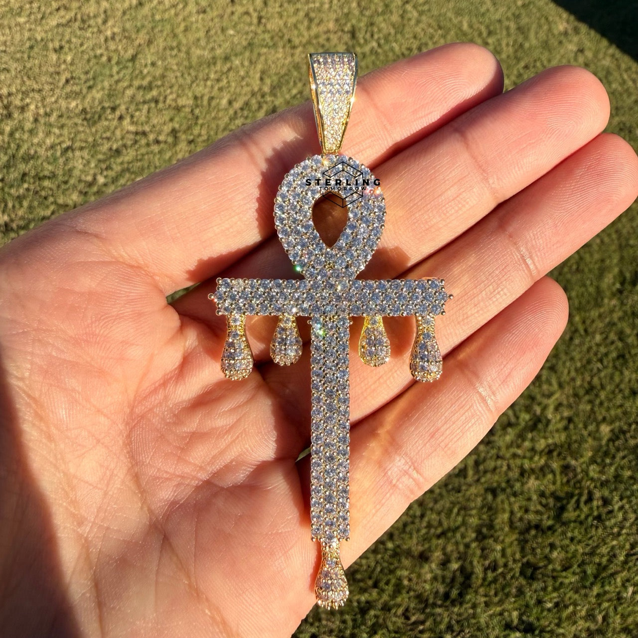 XL Ankh Drip 14k Gold Plated CZ Iced Large Pendant + Steel Rope Chain