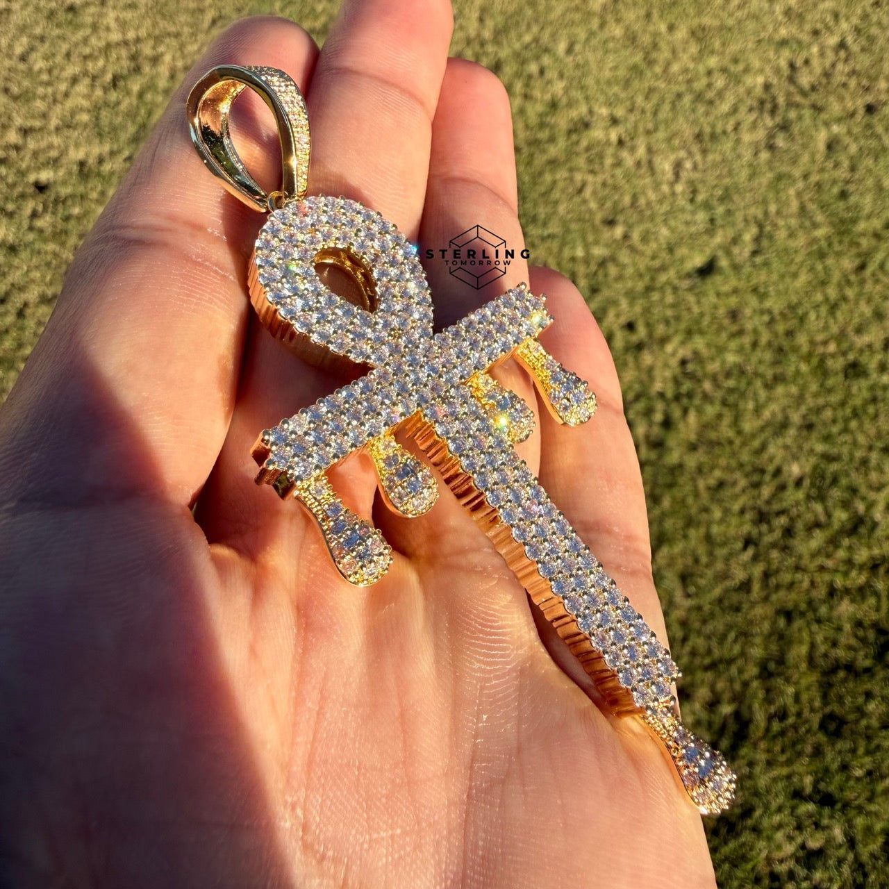 XL Ankh Drip 14k Gold Plated CZ Iced Large Pendant + Steel Rope Chain