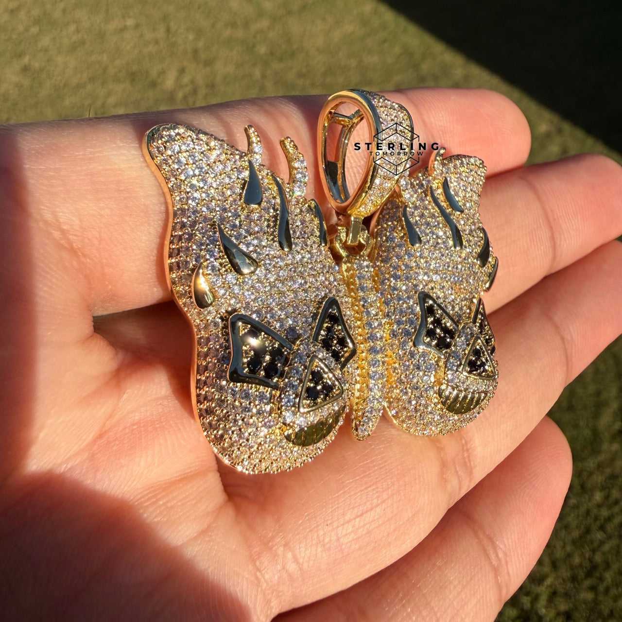 Flame Skull Iced Out Pendant 14k Gold Plated CZ + AntiTarnish Rope Chain