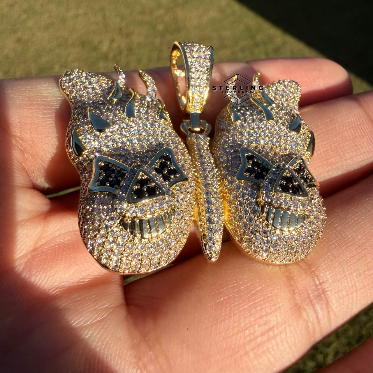 Flame Skull Iced Out Pendant 14k Gold Plated CZ + AntiTarnish Rope Chain