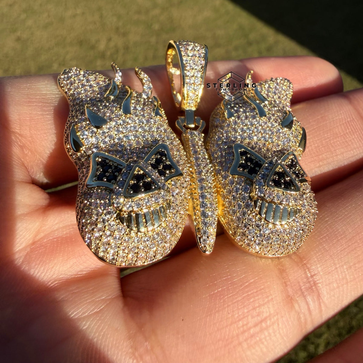Flame Skull Iced Out Pendant 14k Gold Plated CZ + AntiTarnish Rope Chain