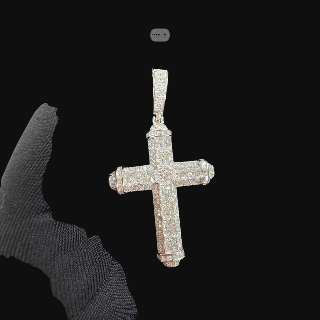 Moissanite Princess Cut Cross Pendant, 925 Silver Iced Out Hip Hop Necklace, GRA Certified w 24" Chain
