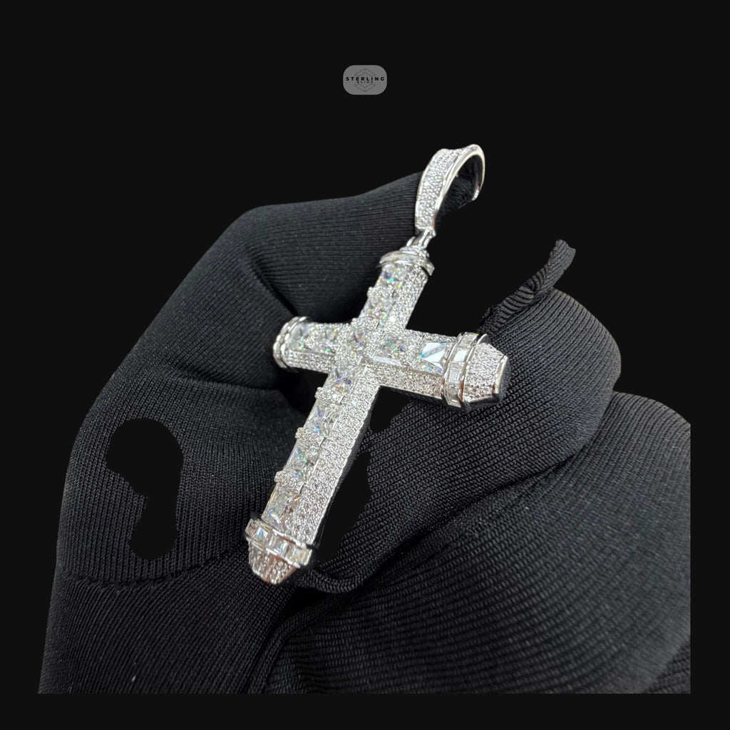 Moissanite Princess Cut Cross Pendant, 925 Silver Iced Out Hip Hop Necklace, GRA Certified w 24" Chain