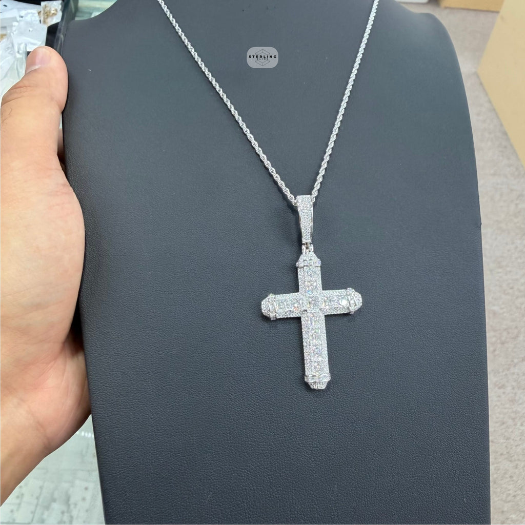 Moissanite Princess Cut Cross Pendant, 925 Silver Iced Out Hip Hop Necklace, GRA Certified w 24" Chain