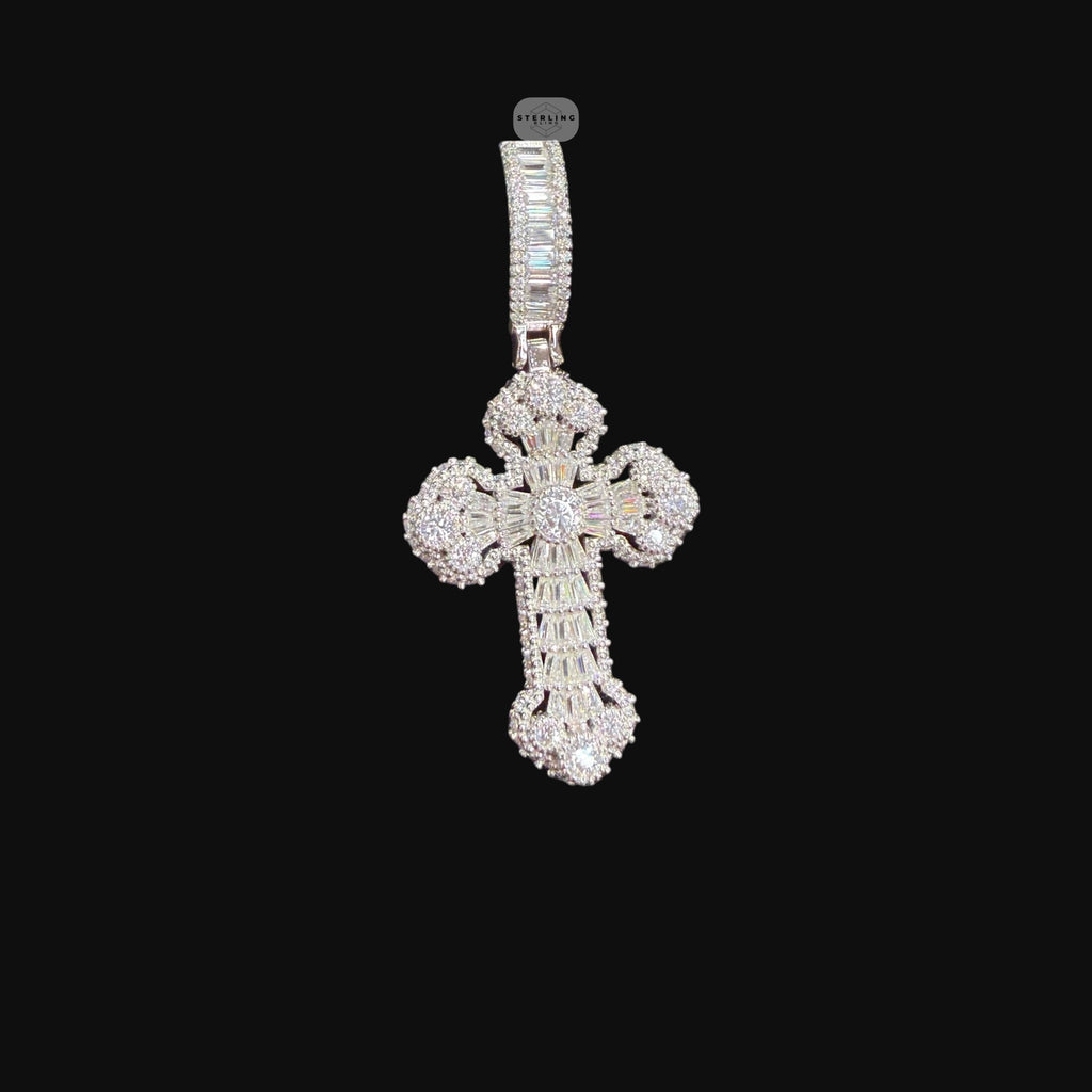 Moissanite Baguette Solitaire Cross Pendant, 925 Silver Iced Out Hip Hop Necklace, GRA Certified w 24" Chain