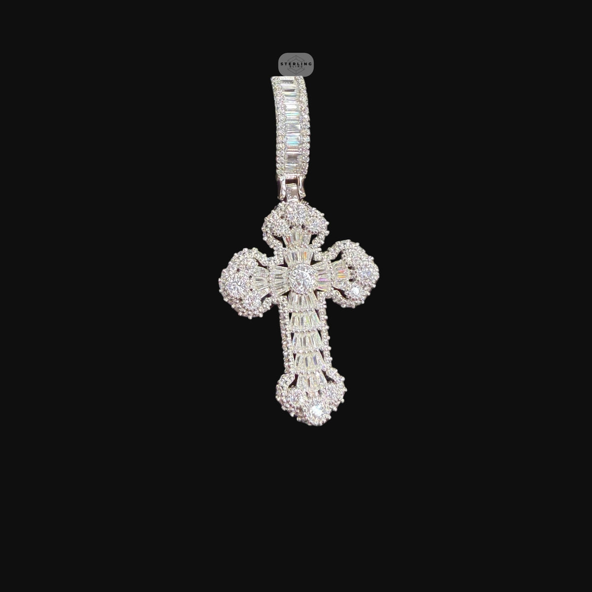 Moissanite Baguette Solitaire Cross Pendant, 925 Silver Iced Out Hip Hop Necklace, GRA Certified w 24" Chain