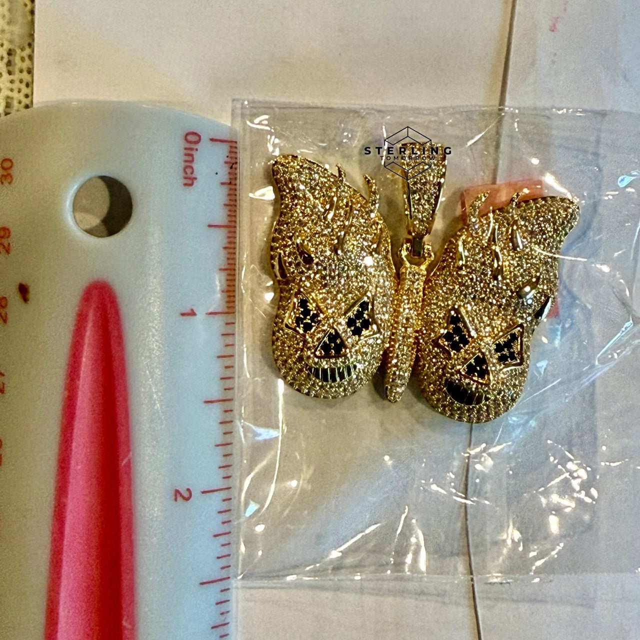 Flame Skull Iced Out Pendant 14k Gold Plated CZ + AntiTarnish Rope Chain
