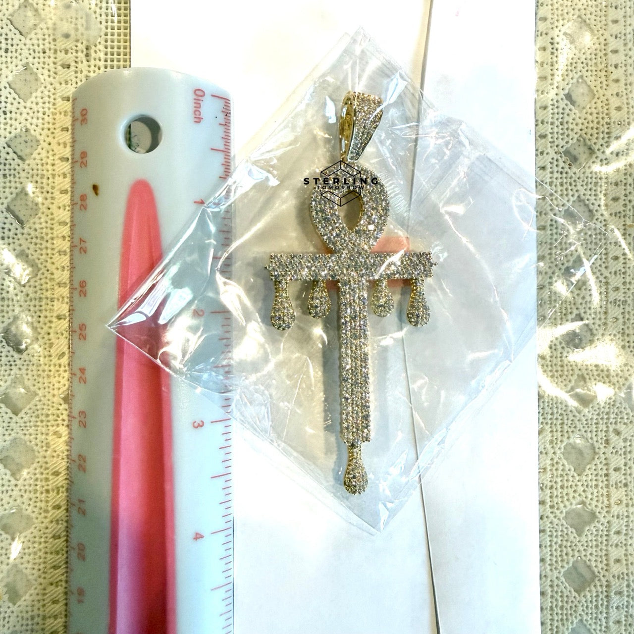 XL Ankh Drip 14k Gold Plated CZ Iced Large Pendant + Steel Rope Chain