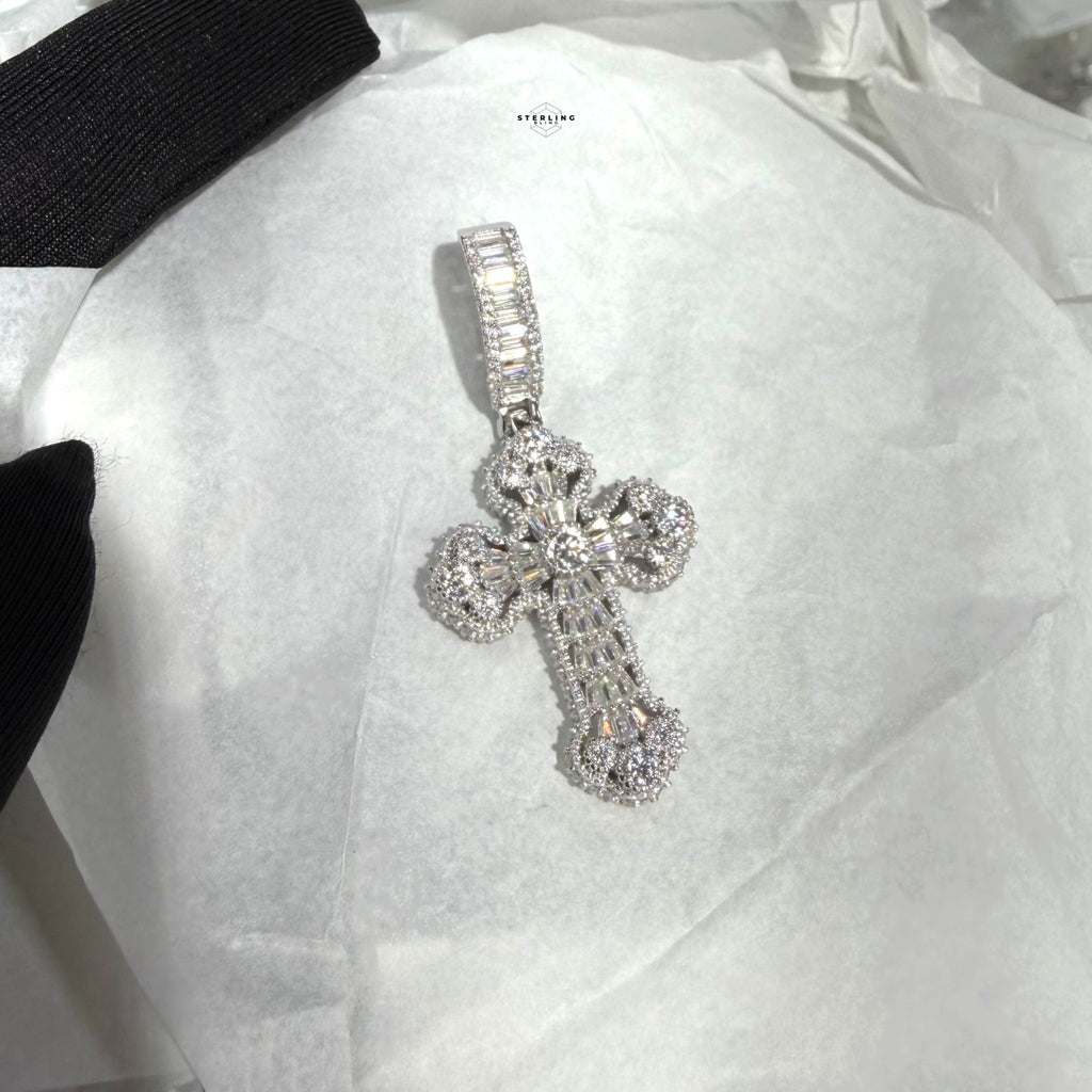 Moissanite Baguette Solitaire Cross Pendant, 925 Silver Iced Out Hip Hop Necklace, GRA Certified w 24" Chain
