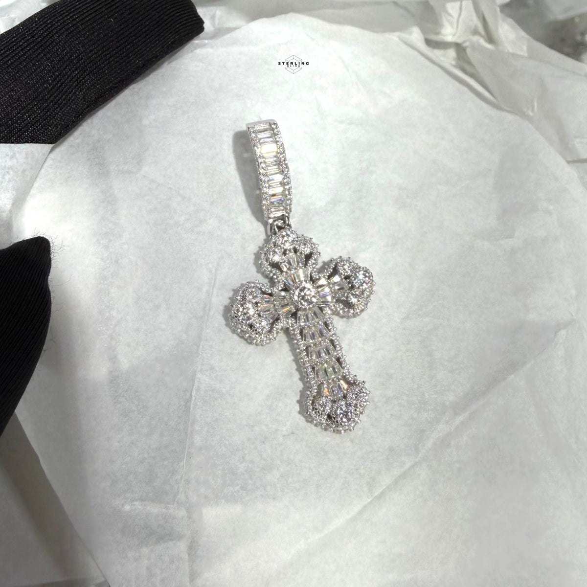 Moissanite Baguette Solitaire Cross Pendant, 925 Silver Iced Out Hip Hop Necklace, GRA Certified w 24" Chain
