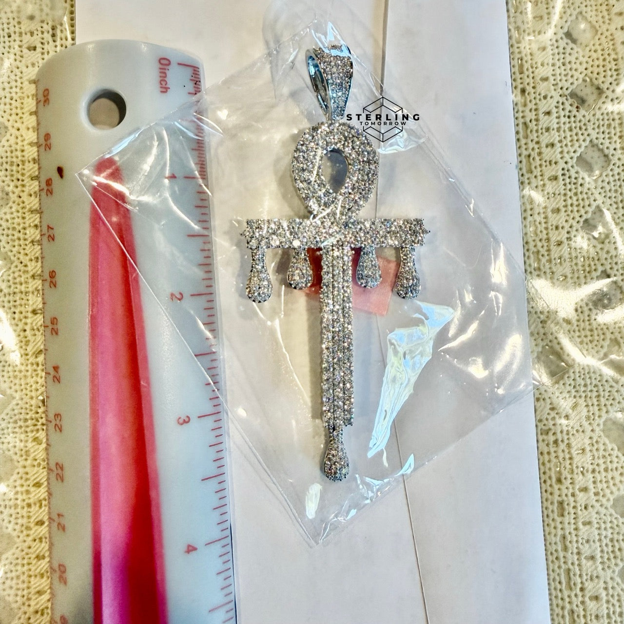 XL Ankh Drip 14k White Gold Plated CZ Iced Pendant + Steel Rope Chain