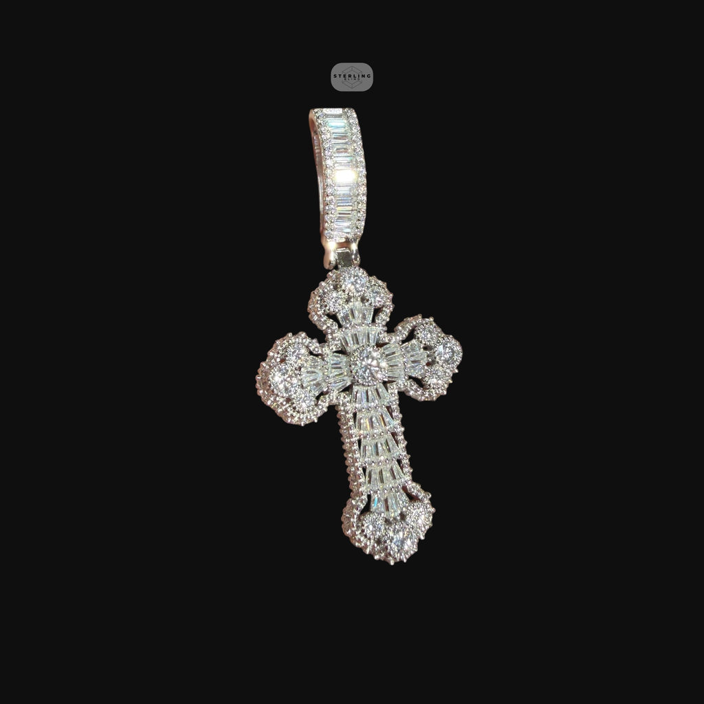 Moissanite Baguette Solitaire Cross Pendant, 925 Silver Iced Out Hip Hop Necklace, GRA Certified w 24" Chain