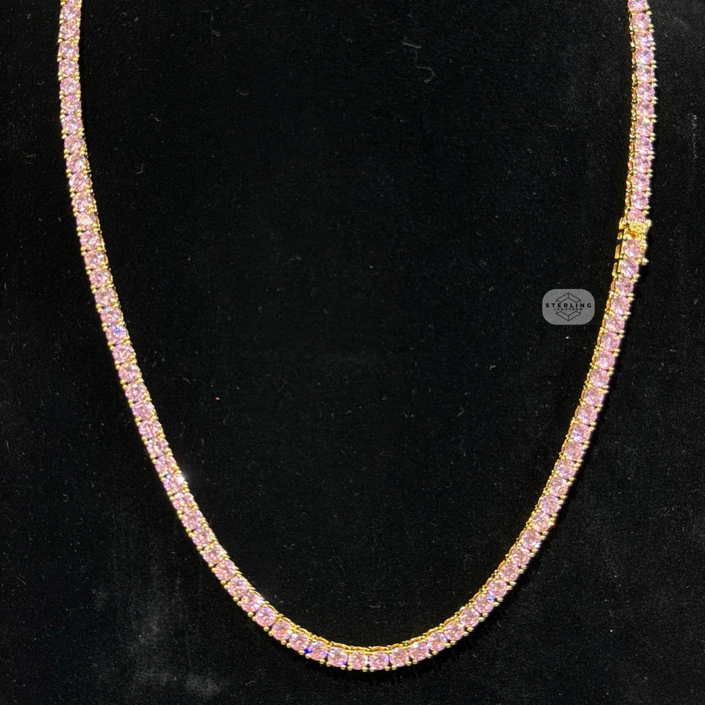 4mm Pink Iced Tennis Chain, 14K Rose Gold Finish