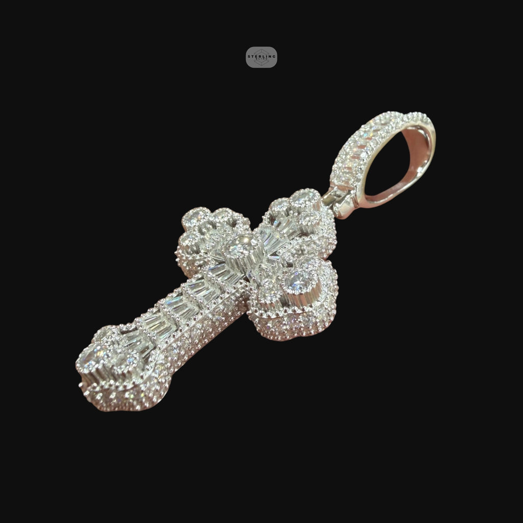 Moissanite Baguette Solitaire Cross Pendant, 925 Silver Iced Out Hip Hop Necklace, GRA Certified w 24" Chain