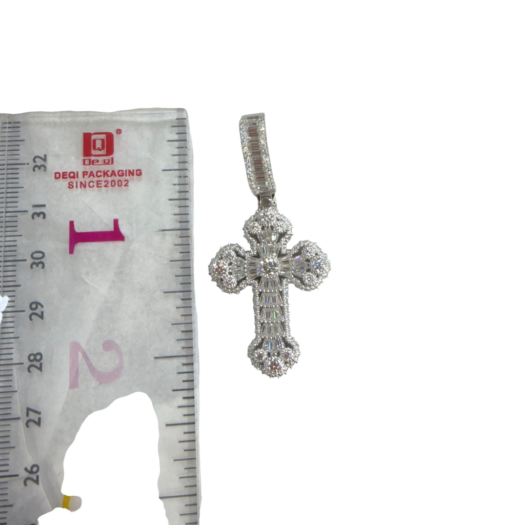 Moissanite Baguette Solitaire Cross Pendant, 925 Silver Iced Out Hip Hop Necklace, GRA Certified w 24" Chain