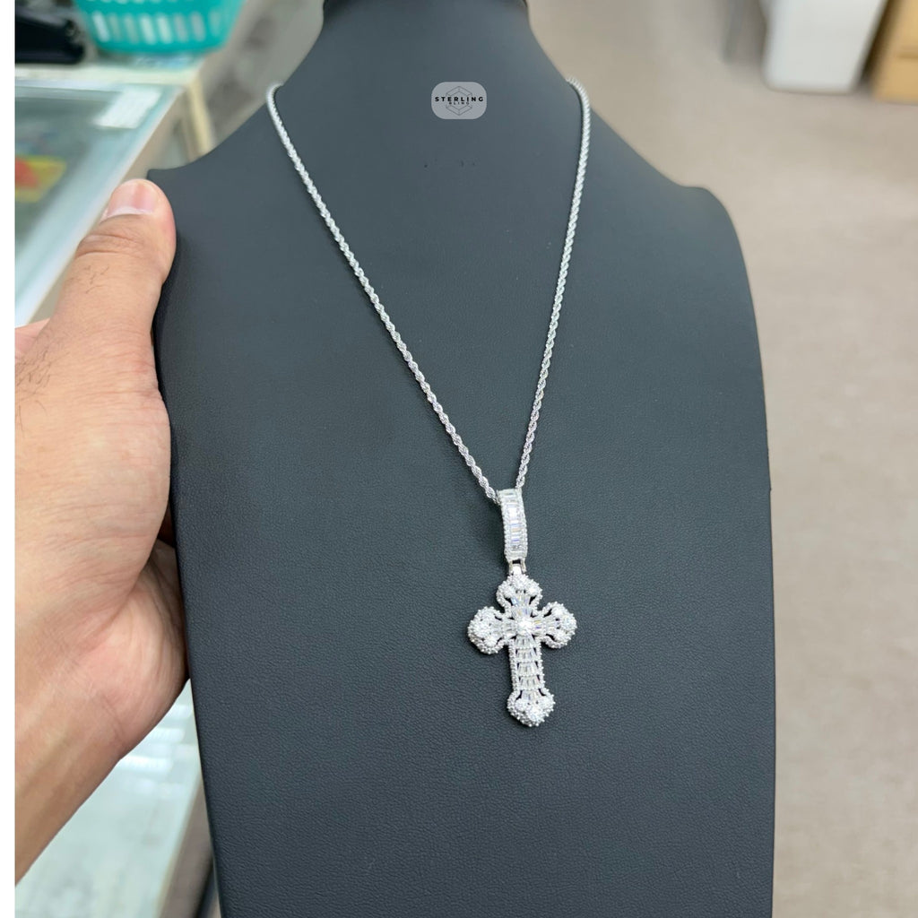 Moissanite Baguette Solitaire Cross Pendant, 925 Silver Iced Out Hip Hop Necklace, GRA Certified w 24" Chain