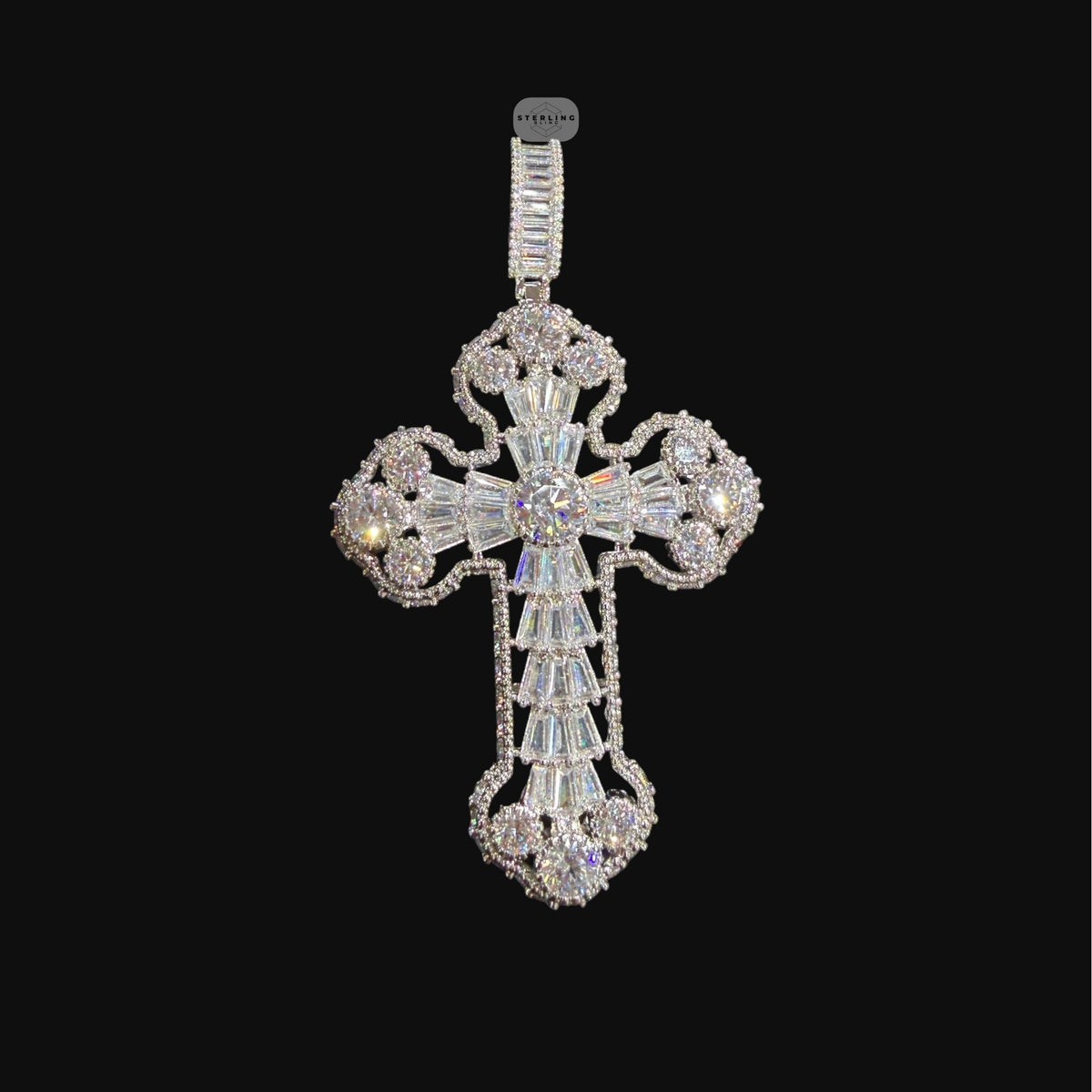 Large Baguette Cross Pendant | 14K White Gold Plated Silver Tone CZ Hip Hop Necklace with Free Rope Chain