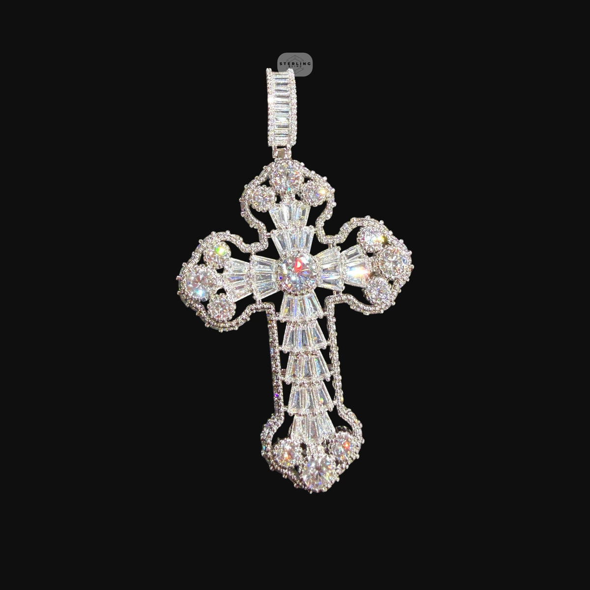 Large Baguette Cross Pendant | 14K White Gold Plated Silver Tone CZ Hip Hop Necklace with Free Rope Chain