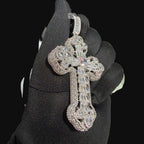 Large Baguette Cross Pendant | 14K White Gold Plated Silver Tone CZ Hip Hop Necklace with Free Rope Chain