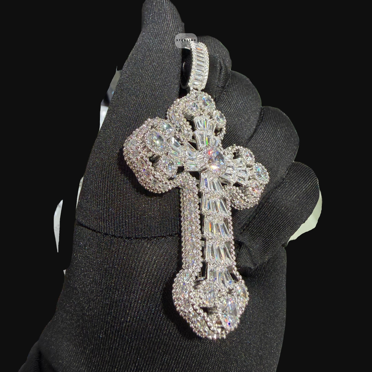 Large Baguette Cross Pendant | 14K White Gold Plated Silver Tone CZ Hip Hop Necklace with Free Rope Chain