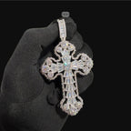 Large Baguette Cross Pendant | 14K White Gold Plated Silver Tone CZ Hip Hop Necklace with Free Rope Chain