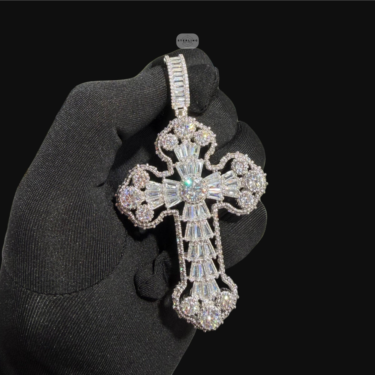 Large Baguette Cross Pendant | 14K White Gold Plated Silver Tone CZ Hip Hop Necklace with Free Rope Chain