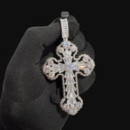 Large Baguette Cross Pendant | 14K White Gold Plated Silver Tone CZ Hip Hop Necklace with Free Rope Chain