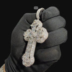 Large Baguette Cross Pendant | 14K White Gold Plated Silver Tone CZ Hip Hop Necklace with Free Rope Chain