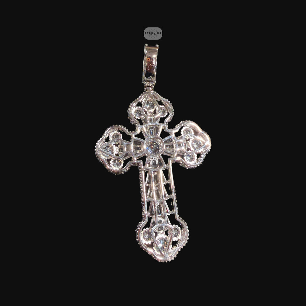 Large Baguette Cross Pendant | 14K White Gold Plated Silver Tone CZ Hip Hop Necklace with Free Rope Chain