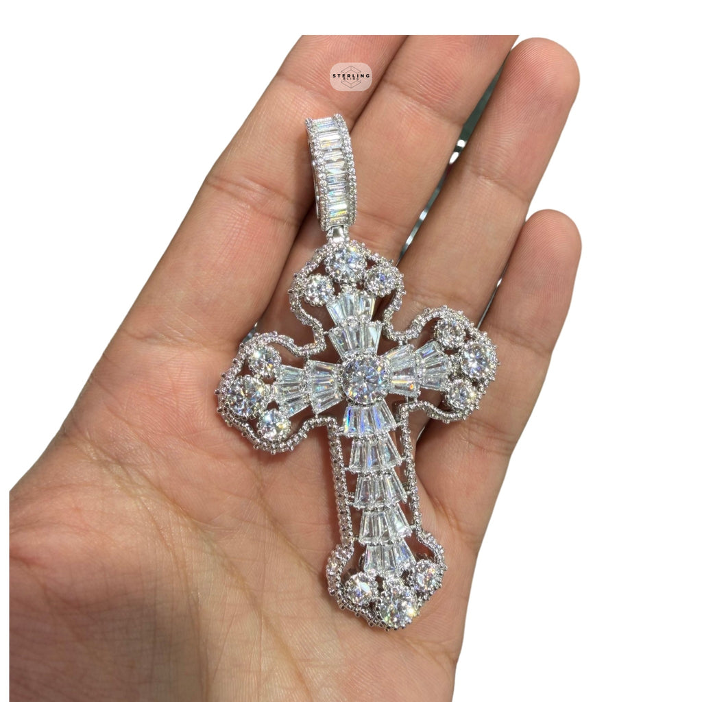 Large Baguette Cross Pendant | 14K White Gold Plated Silver Tone CZ Hip Hop Necklace with Free Rope Chain