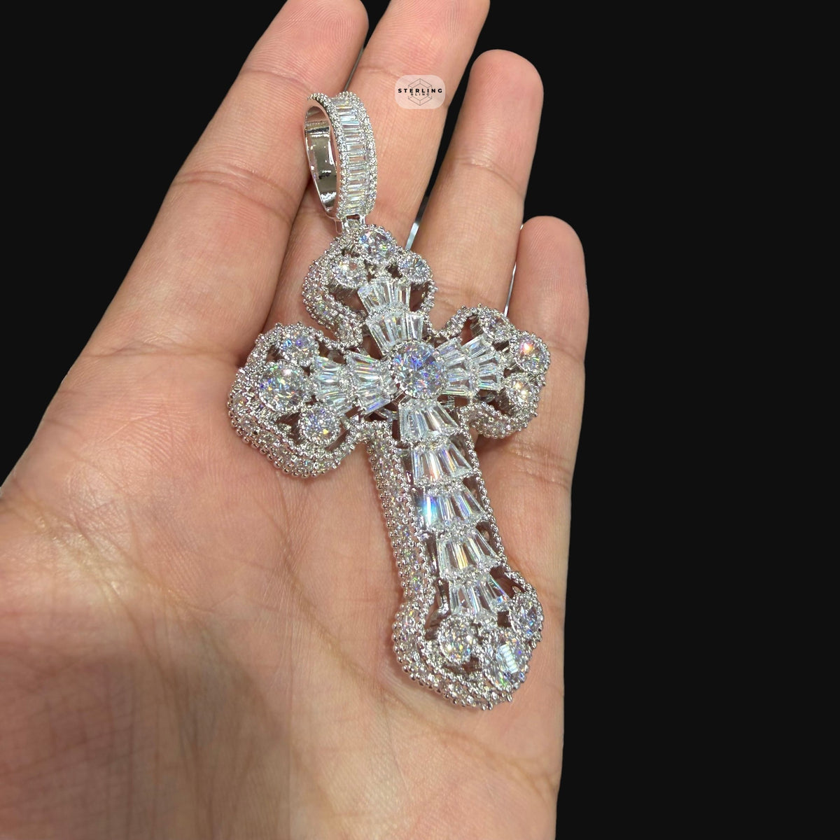 Large Baguette Cross Pendant | 14K White Gold Plated Silver Tone CZ Hip Hop Necklace with Free Rope Chain