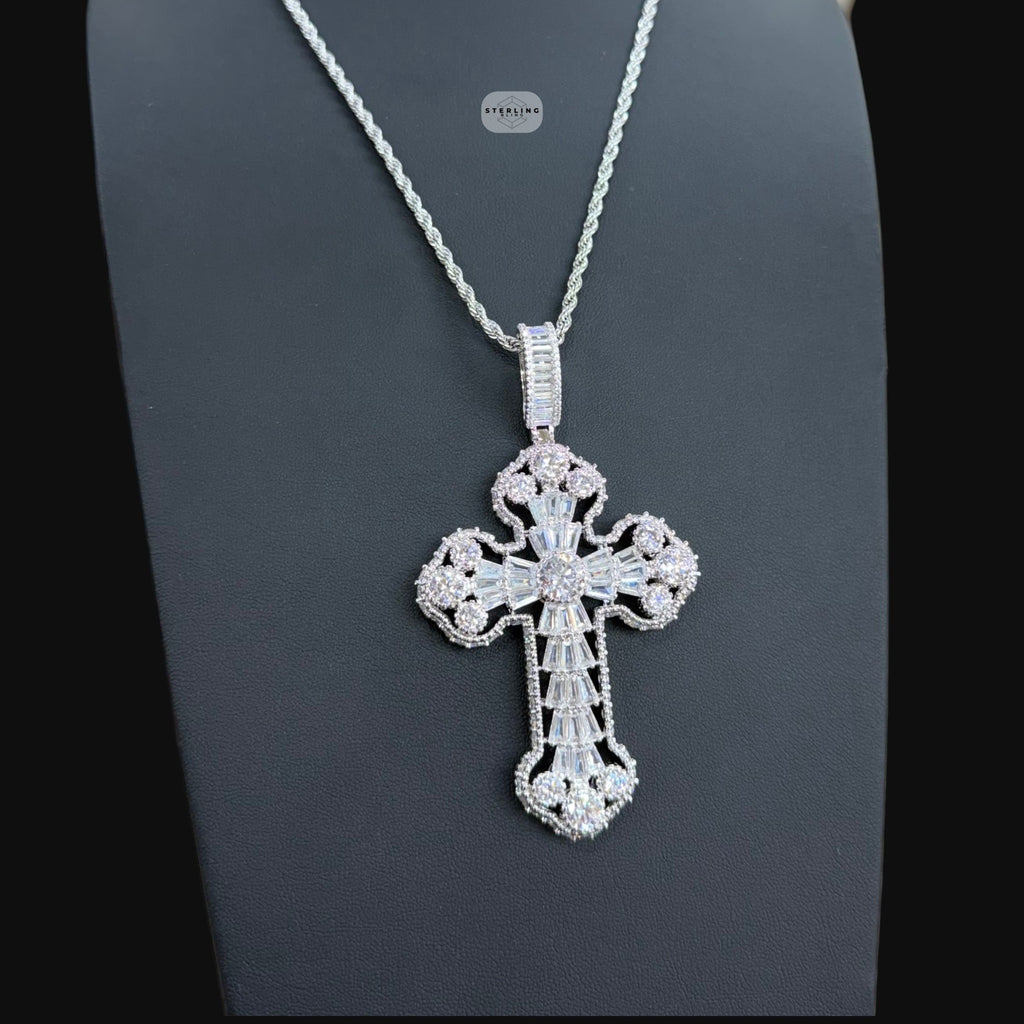 Large Baguette Cross Pendant | 14K White Gold Plated Silver Tone CZ Hip Hop Necklace with Free Rope Chain