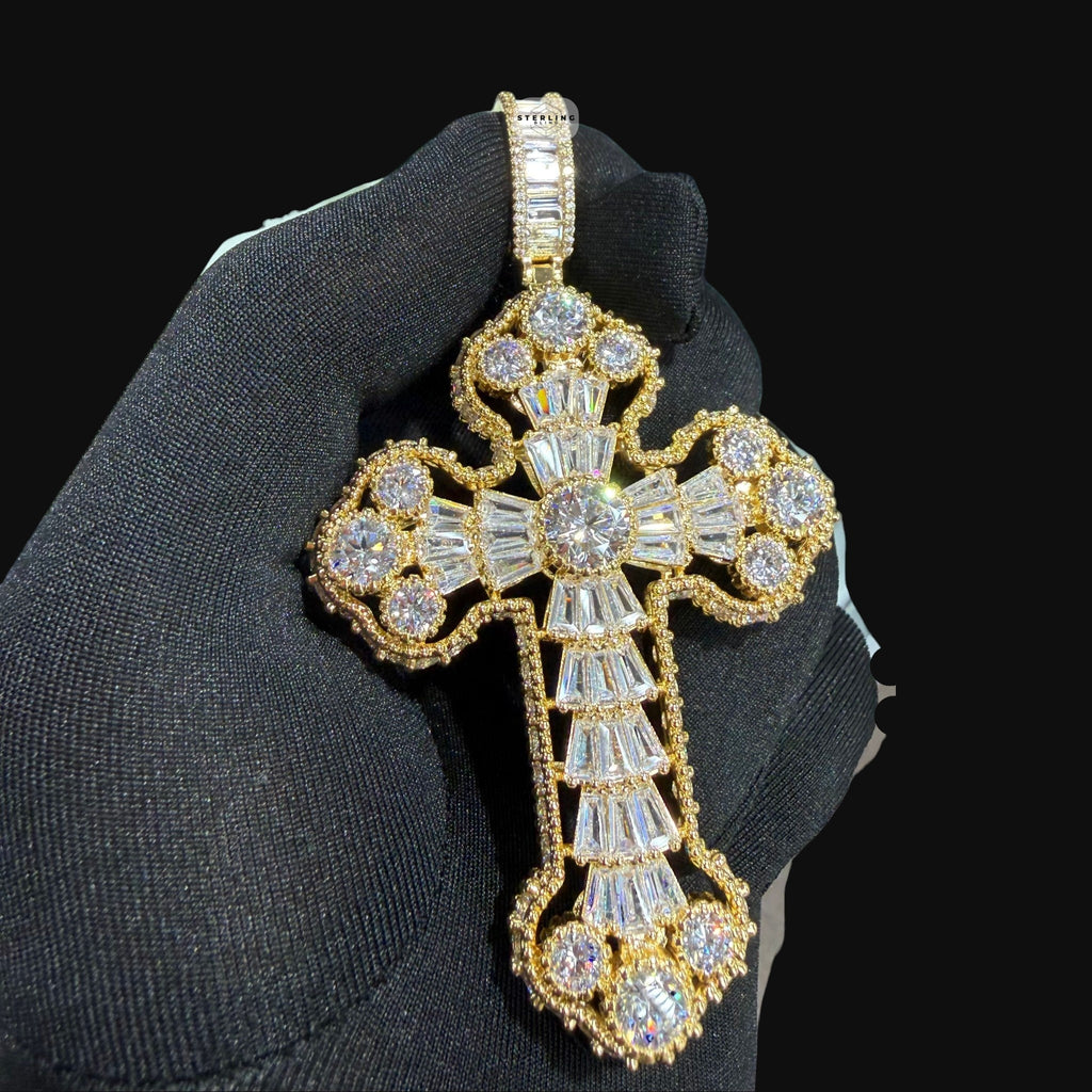Large Baguette Cross Pendant | 14K Gold Plated Iced Out CZ Hip Hop Necklace with Free Rope Chain