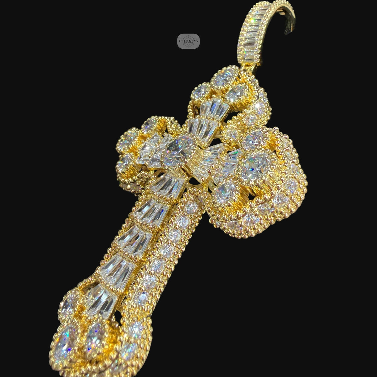 Large Baguette Cross Pendant | 14K Gold Plated Iced Out CZ Hip Hop Necklace with Free Rope Chain