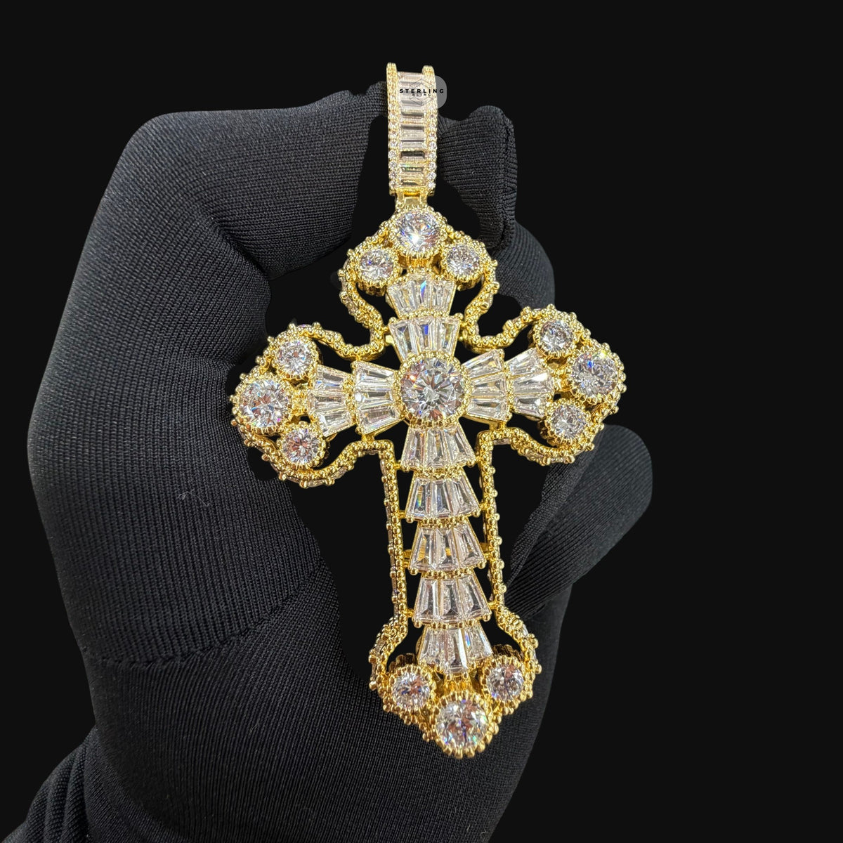 Large Baguette Cross Pendant | 14K Gold Plated Iced Out CZ Hip Hop Necklace with Free Rope Chain