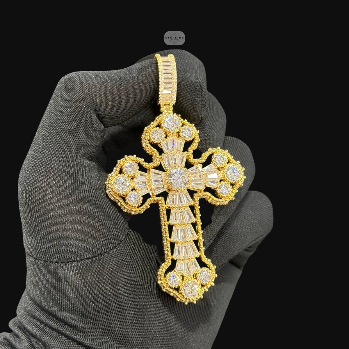 Large Baguette Cross Pendant | 14K Gold Plated Iced Out CZ Hip Hop Necklace with Free Rope Chain